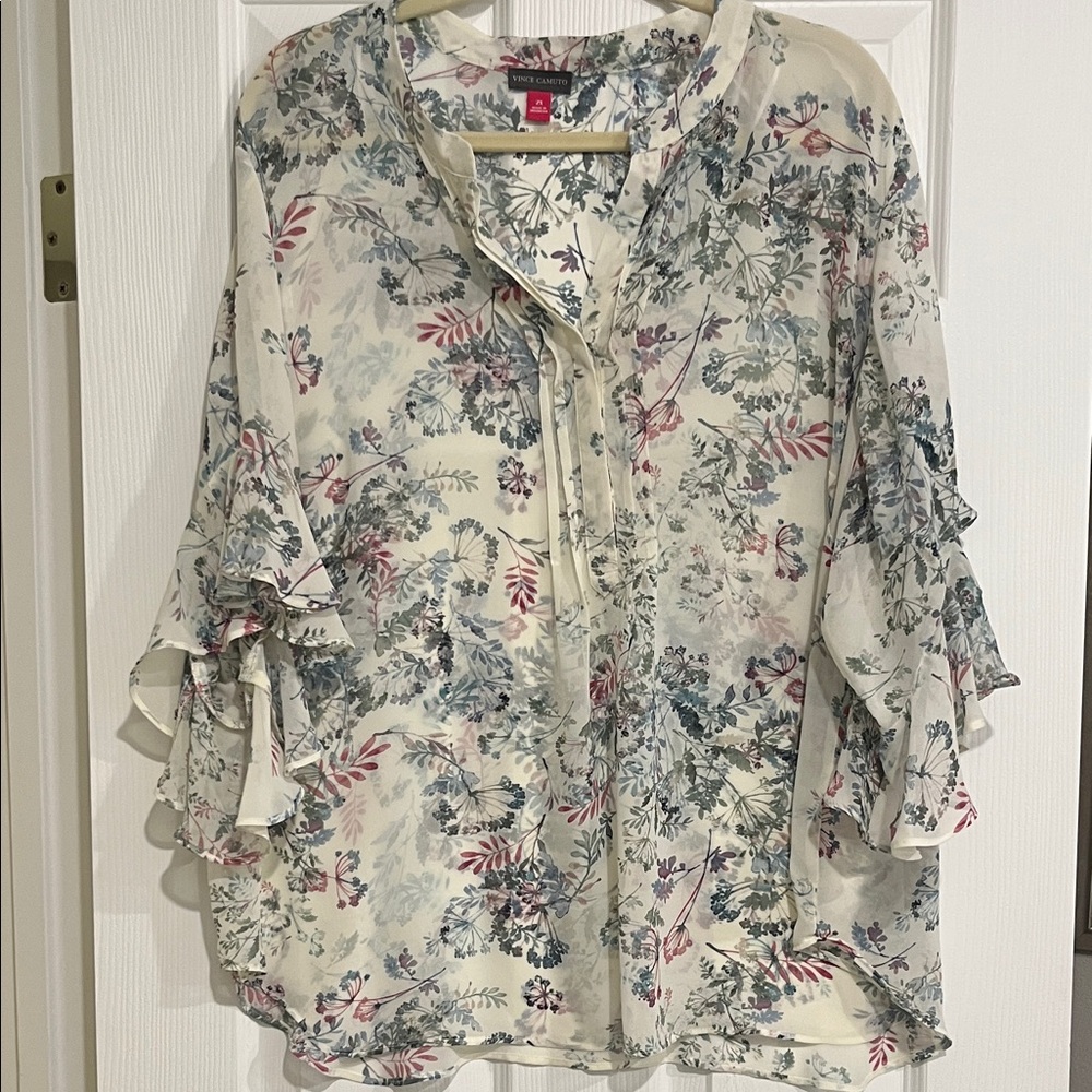 Vince Camuto Floral Ruffle Blouse - Cream and Blue